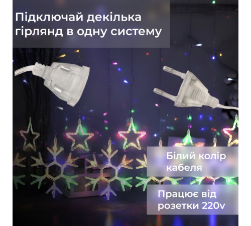 Гірлянда-штора Зірки та сніжинки, 3*0,9 м, 10 фігур, мультиколор Гірлянда-штора Зірки та сніжинки, 3*0,9 м, 10 фігур, мультиколор