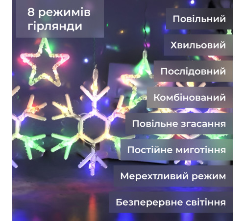 Гірлянда-штора Зірки та сніжинки, 3*0,9 м, 10 фігур, мультиколор Гірлянда-штора Зірки та сніжинки, 3*0,9 м, 10 фігур, мультиколор