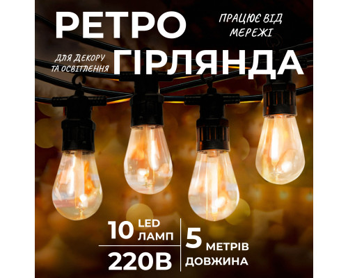 Ретро-гірлянда вулична 10 LED, 5 м, теплий білий