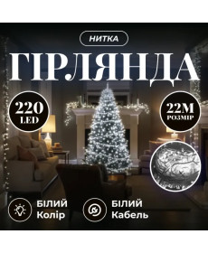 Гірлянда-нитка 220 LED, 22 м, від мережі, прозорий кабель, білий