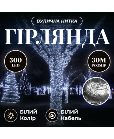 Гірлянда-нитка вулична Різдвяна фея 300 LED, 30 м, від мережі, білий кабель, білий