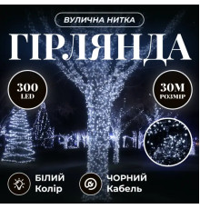 Гірлянда-нитка вулична Різдвяна фея 300 LED, 30 м, від мережі, чорний кабель, білий