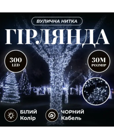 Гірлянда-нитка вулична Різдвяна фея 300 LED, 30 м, від мережі, чорний кабель, білий