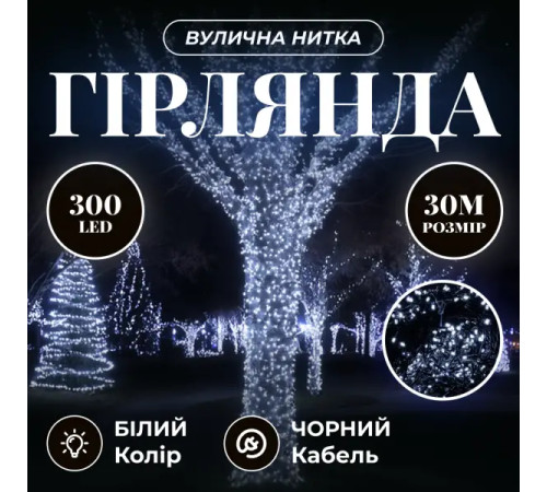 Гірлянда-нитка вулична Різдвяна фея 300 LED, 30 м, від мережі, чорний кабель, білий