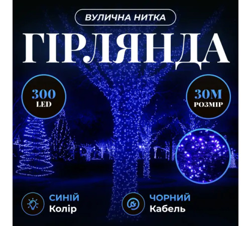 Гірлянда-нитка вулична Різдвяна фея 300 LED, 30 м, від мережі, чорний кабель, синій