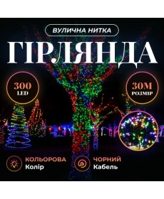 Гірлянда-нитка вулична Різдвяна фея 300 LED, 30 м, від мережі, чорний кабель, мультиколор