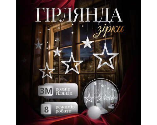 Гірлянда-штора Зірки, 3*0,7 м , 12 фігур, білий