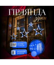 Гірлянда-штора Зірки, 3*0,7 м, 12 фігур, синій