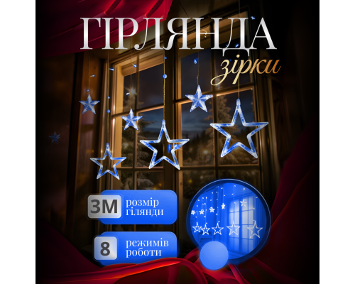 Гірлянда-штора Зірки, 3*0,7 м, 12 фігур, синій