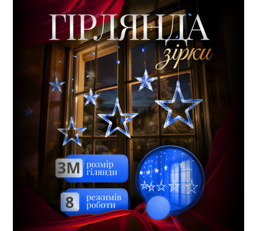 Гірлянда-штора Зірки, 3*0,7 м, 12 фігур, синій