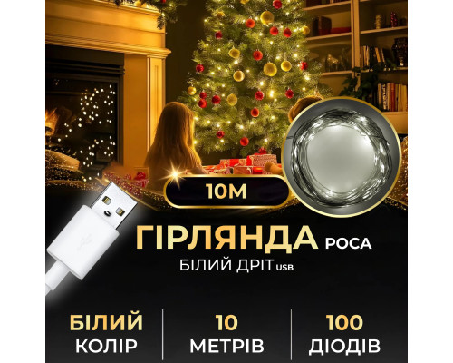 Гірлянда Роса 100 LED, 10 м, від USB, білий