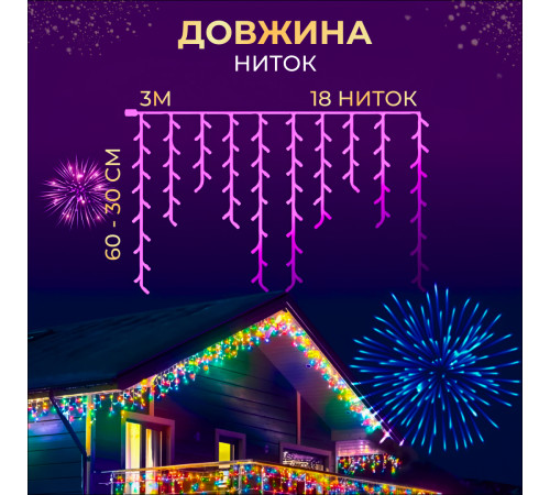 Гірлянда вулична Бахрома 90 LED, 3 м, від мережі, білий кабель, мультиколор