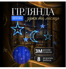 Гірлянда-штора Місяць та зірки, 3*0,9 м, 12 фігур, синій