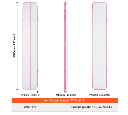 Надувний килимок VEVOR 598 x 101 x 10 см, біло-рожевий