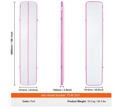 Килимок надувний VEVOR 498 x 101 x 10 см, біло-рожевий